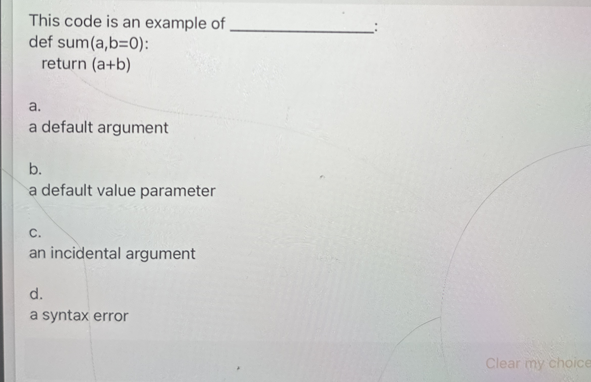 This code is an example of def ) = ( 0 : return (