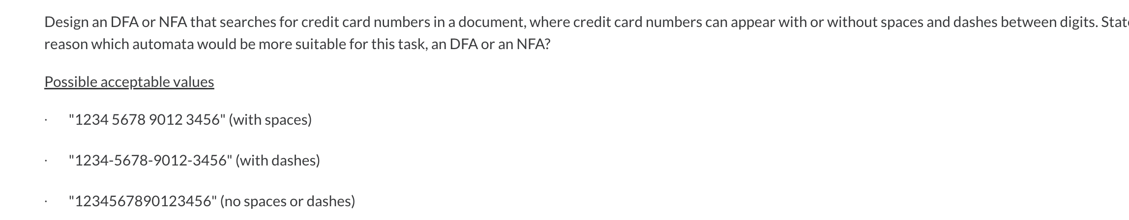 Design an DFA or NFA that searches for credit