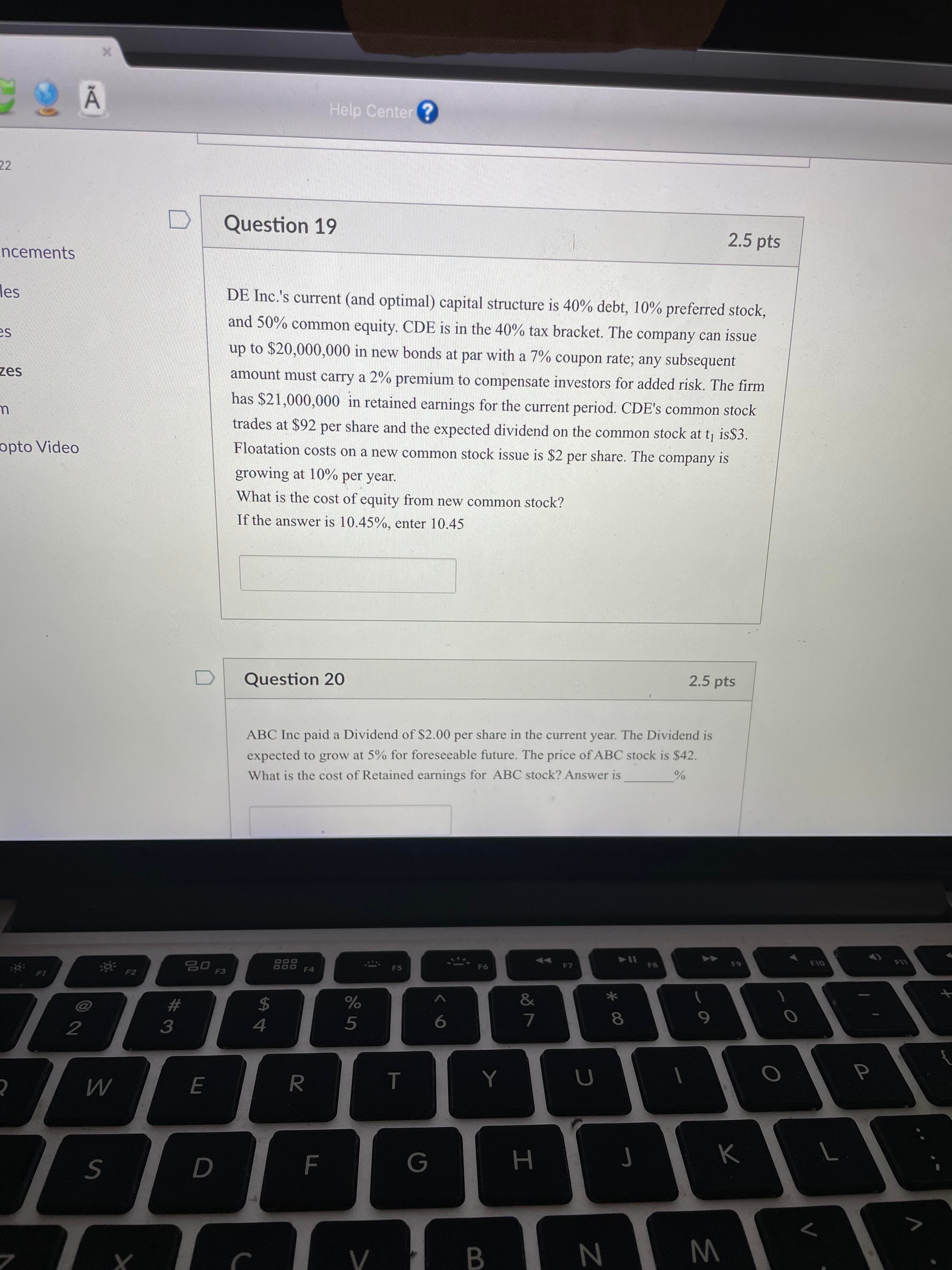 D Question 19 , ' 2.5 pts ncements - .W [e5