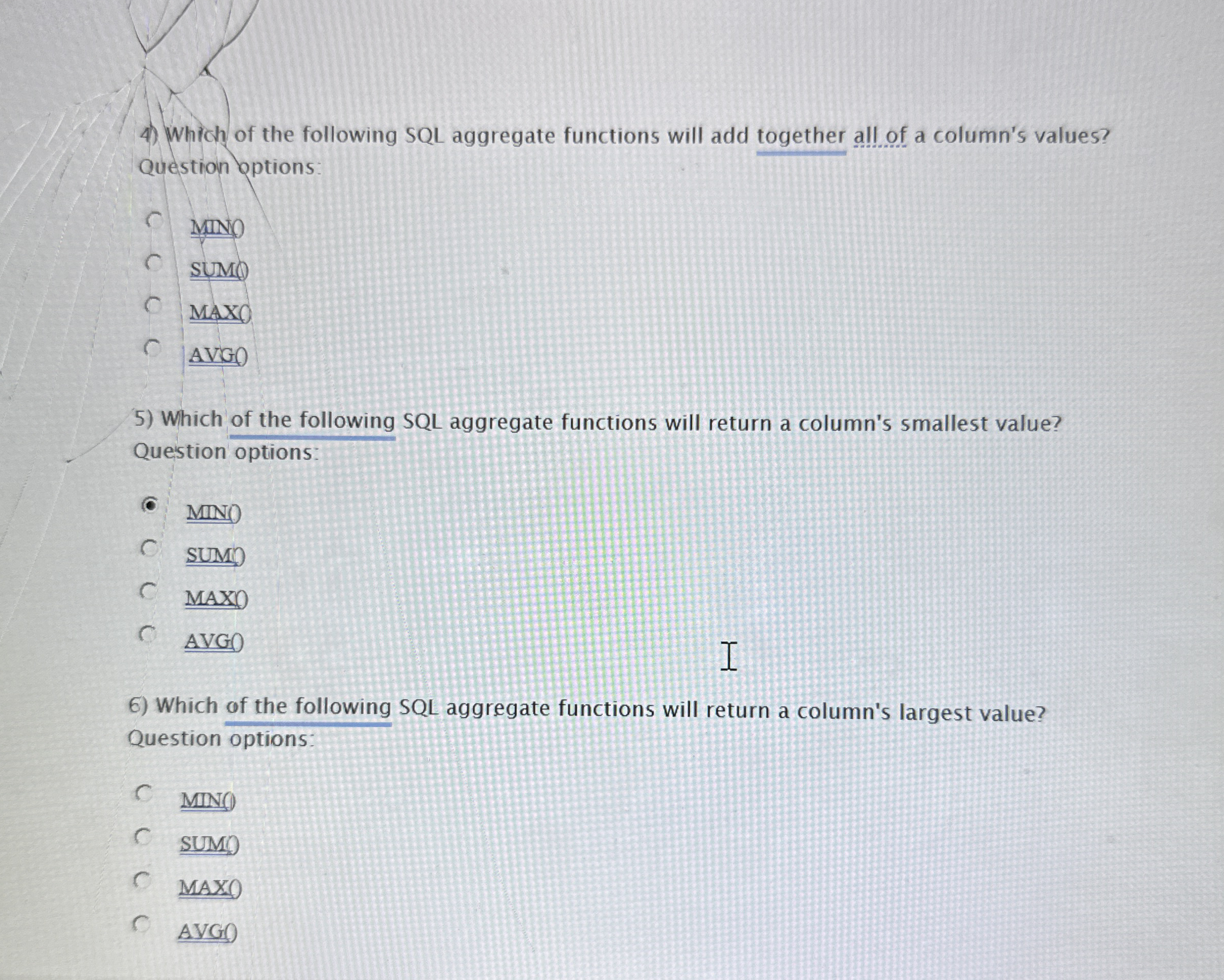 Which of the following SQL aggregate functions