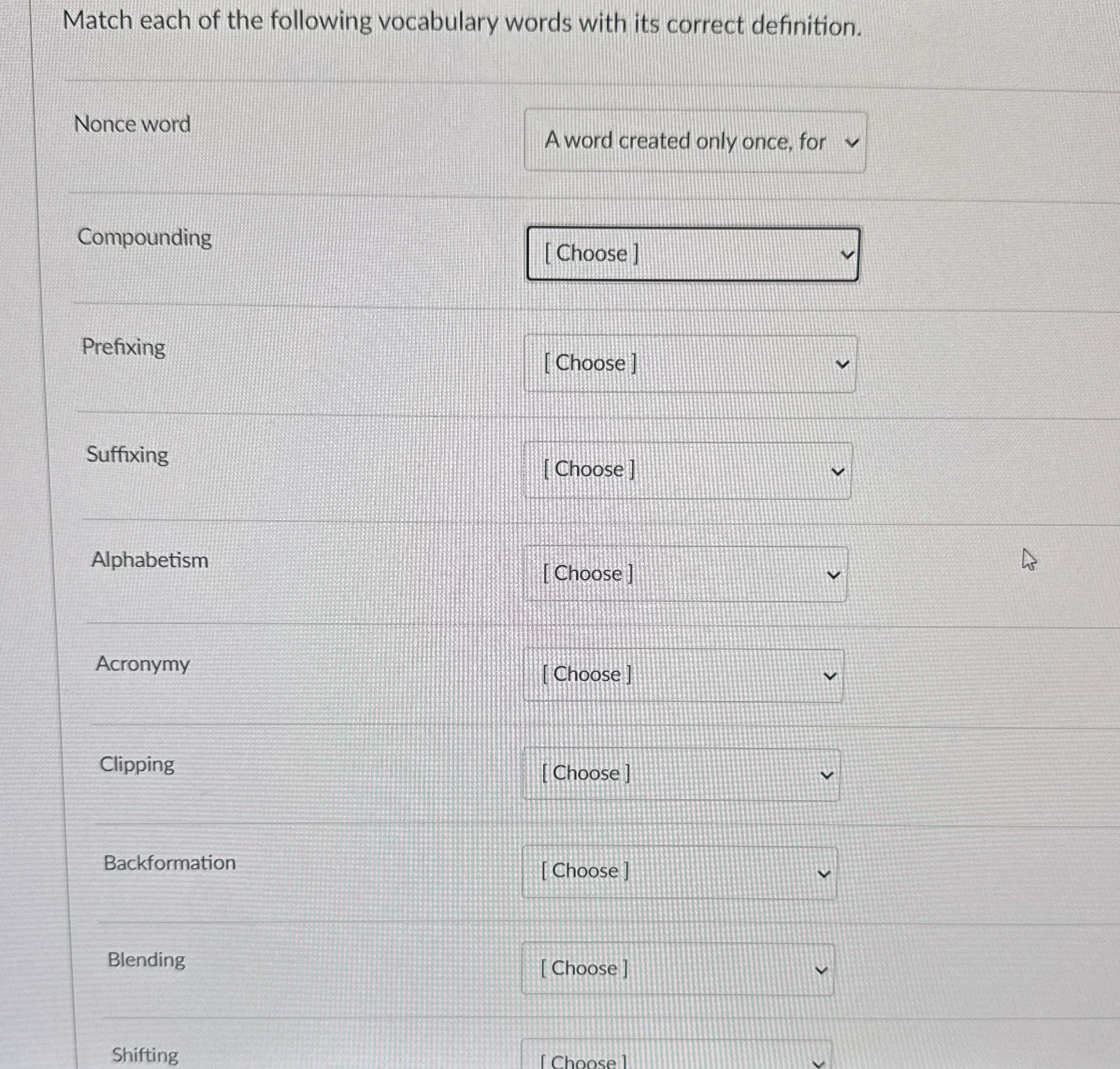 Match each of the following vocabulary words with