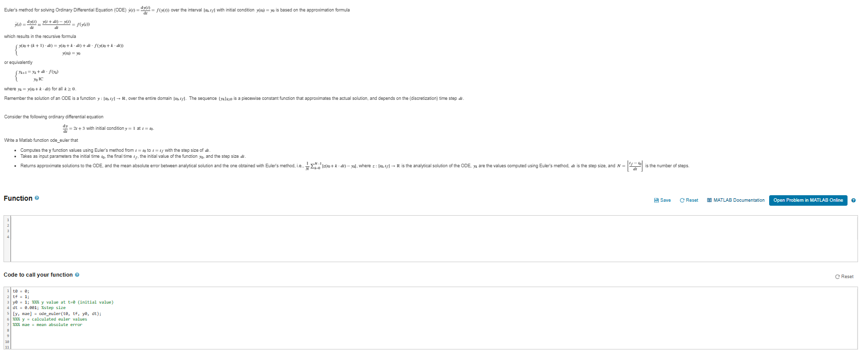 MATLAB CODE NEEDED Euler's method for solving