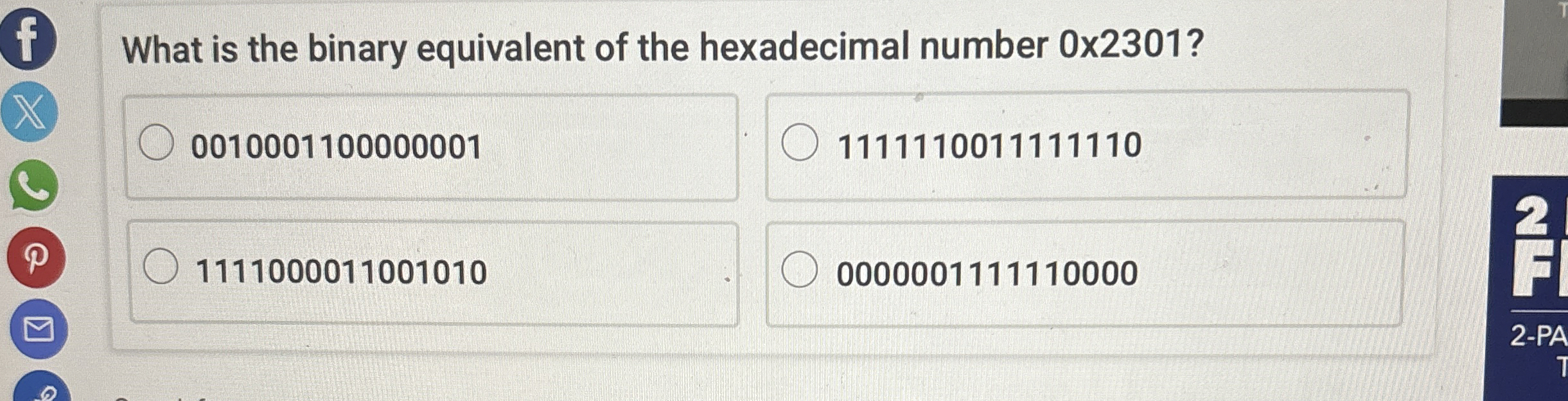 What is the binary equivalent of the hexadecimal
