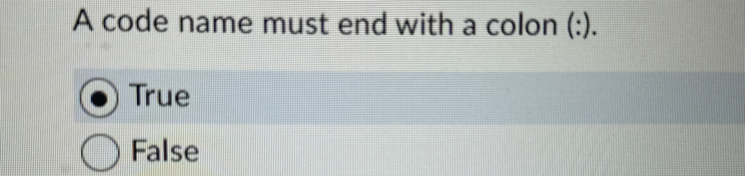 A code name must end with a colon ( . True False