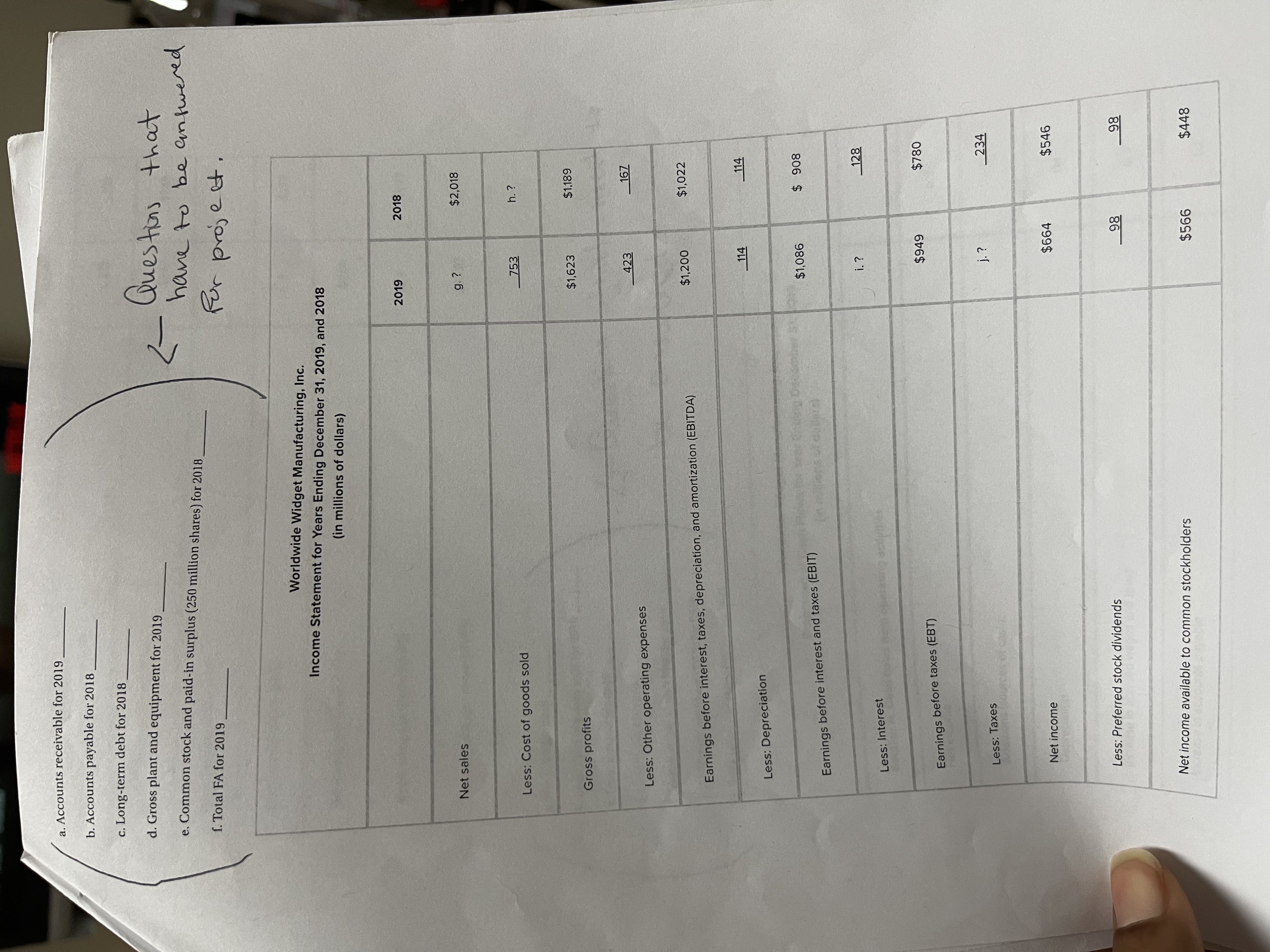 p. Increase in inventory q. Net cash flow from
