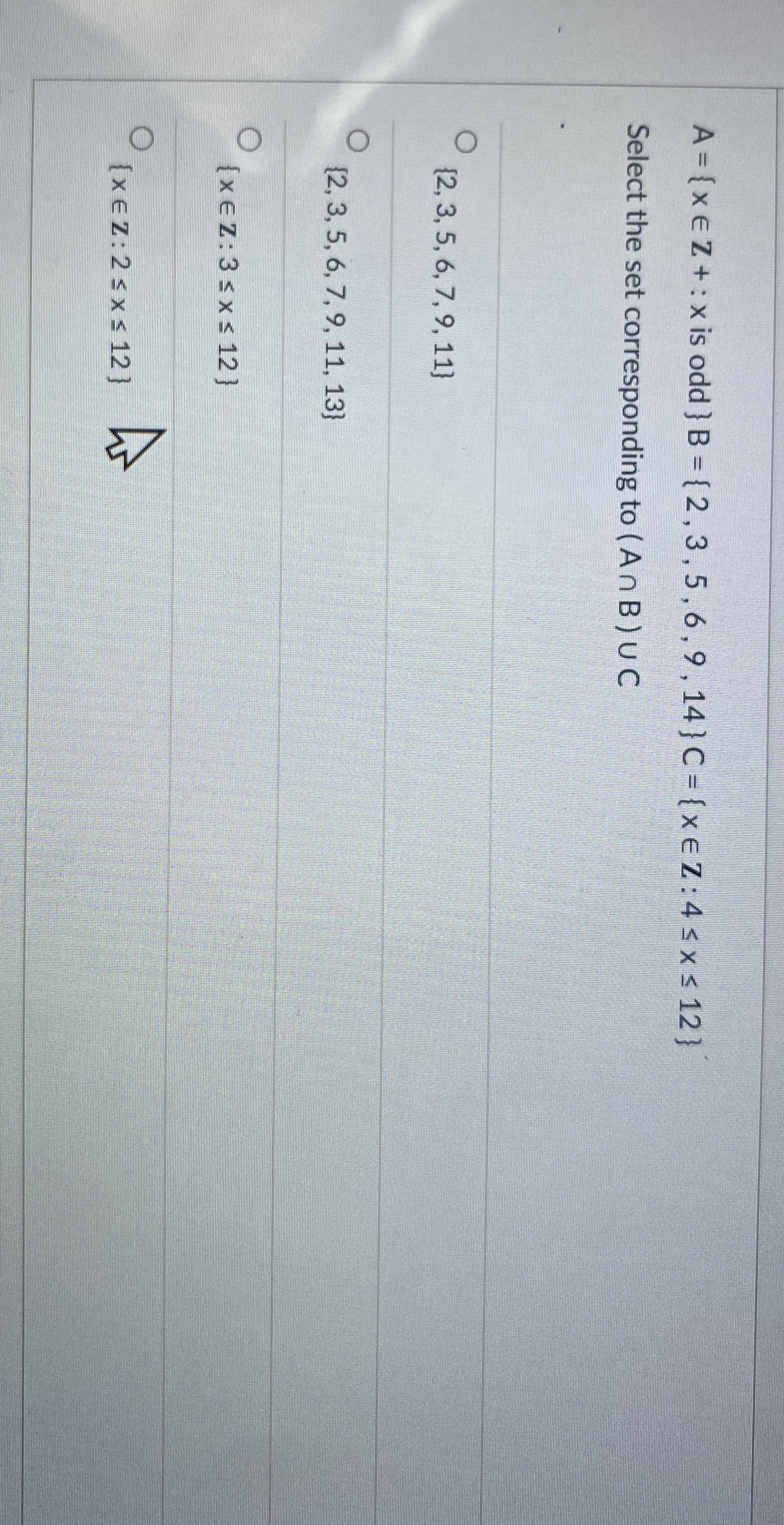 Select the set corresponding to ( A B ) C