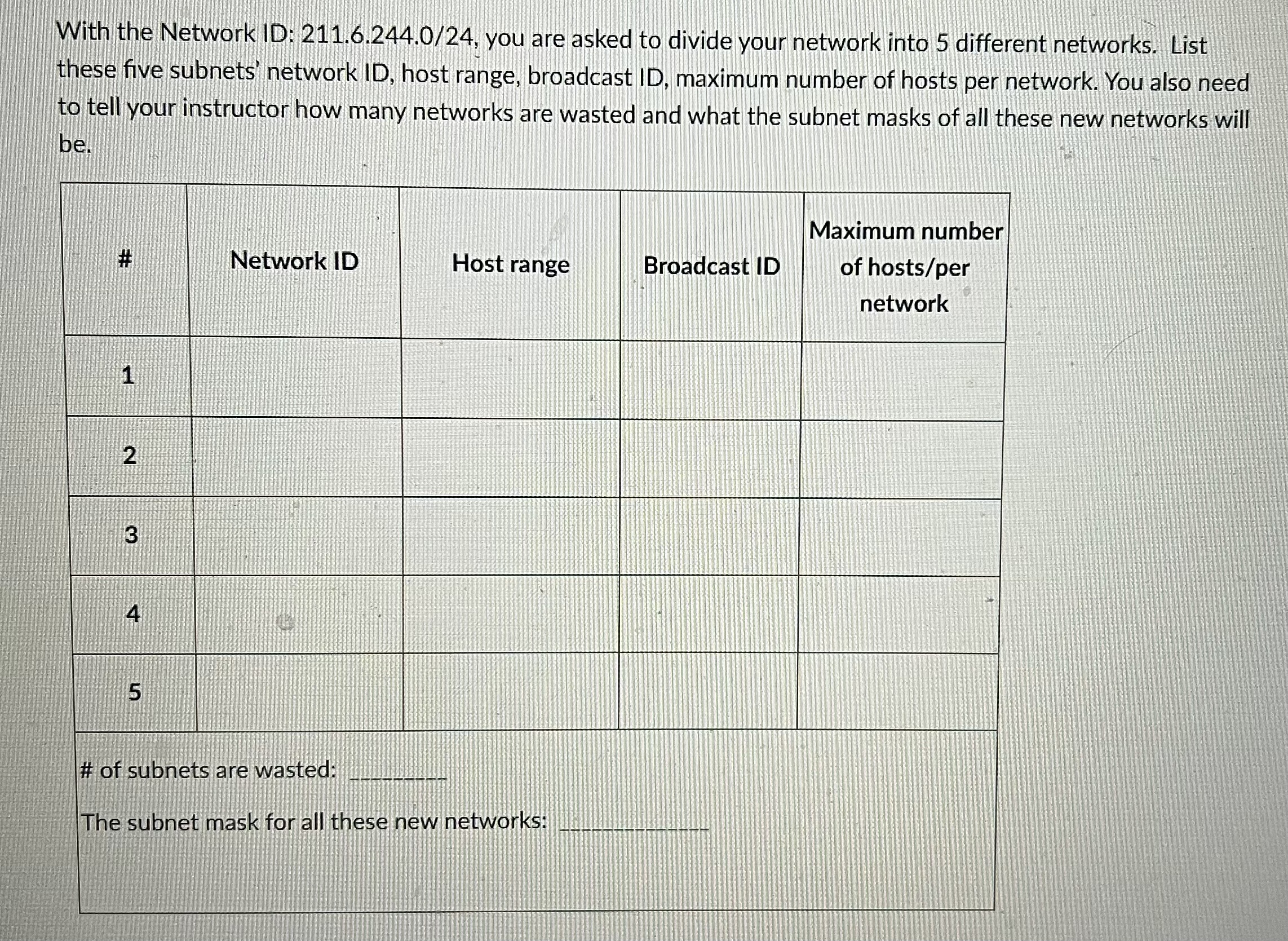 With the Network ID: 2 1 1 . 6 . 2 4 4 . 0 / 2 4