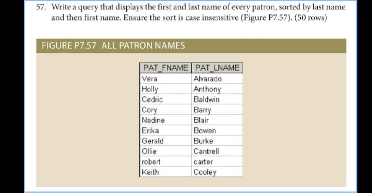5 7 . Write a query that displays the first and