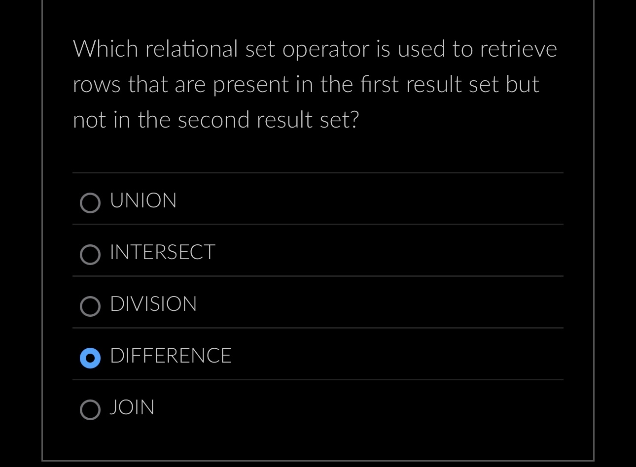 Which relational set operator is used to retrieve