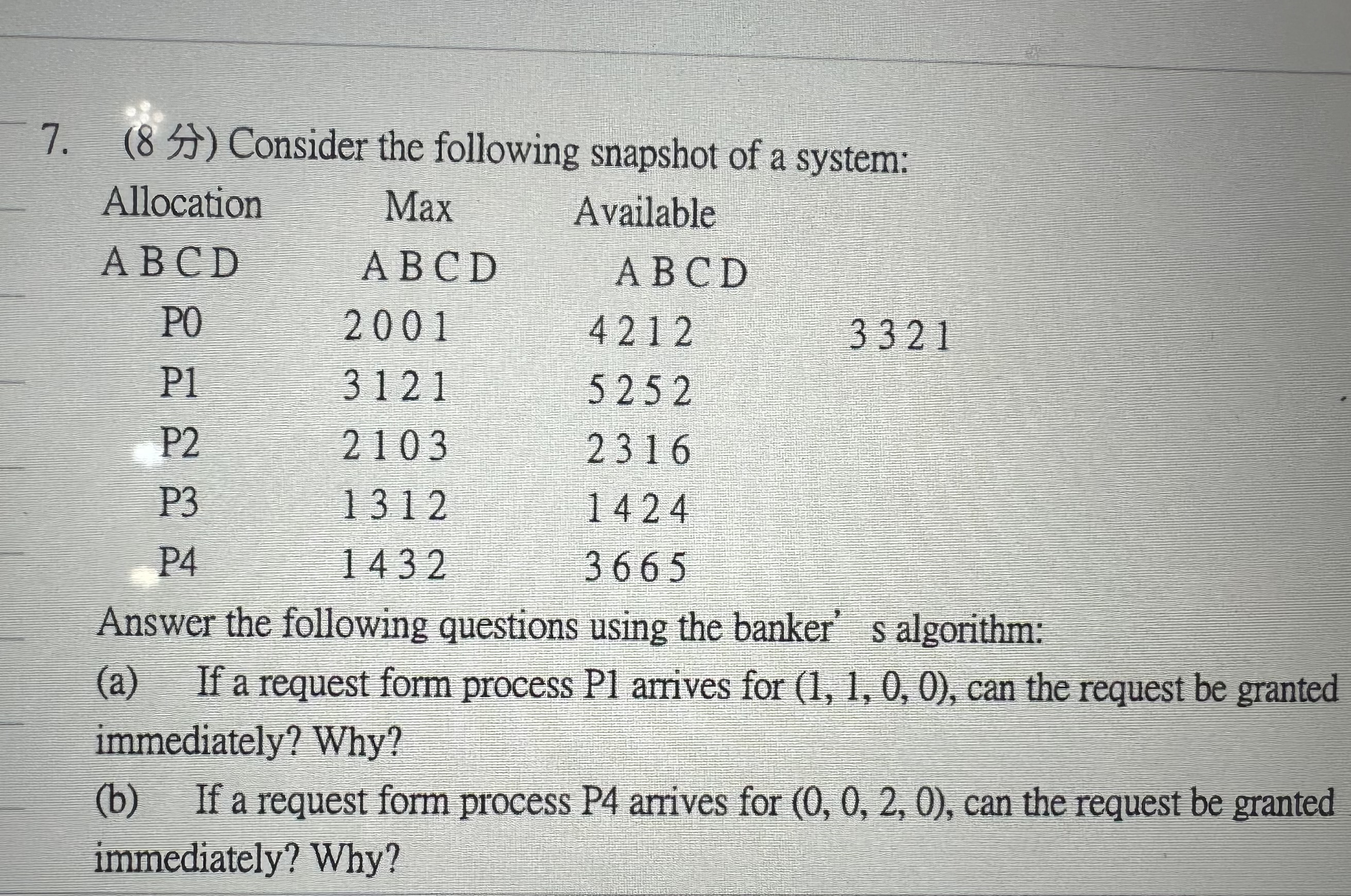 ( 8 ) Consider the following snapshot of a