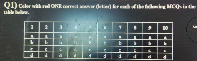 Q 1 ) Color with red ONE correct answer ( letter