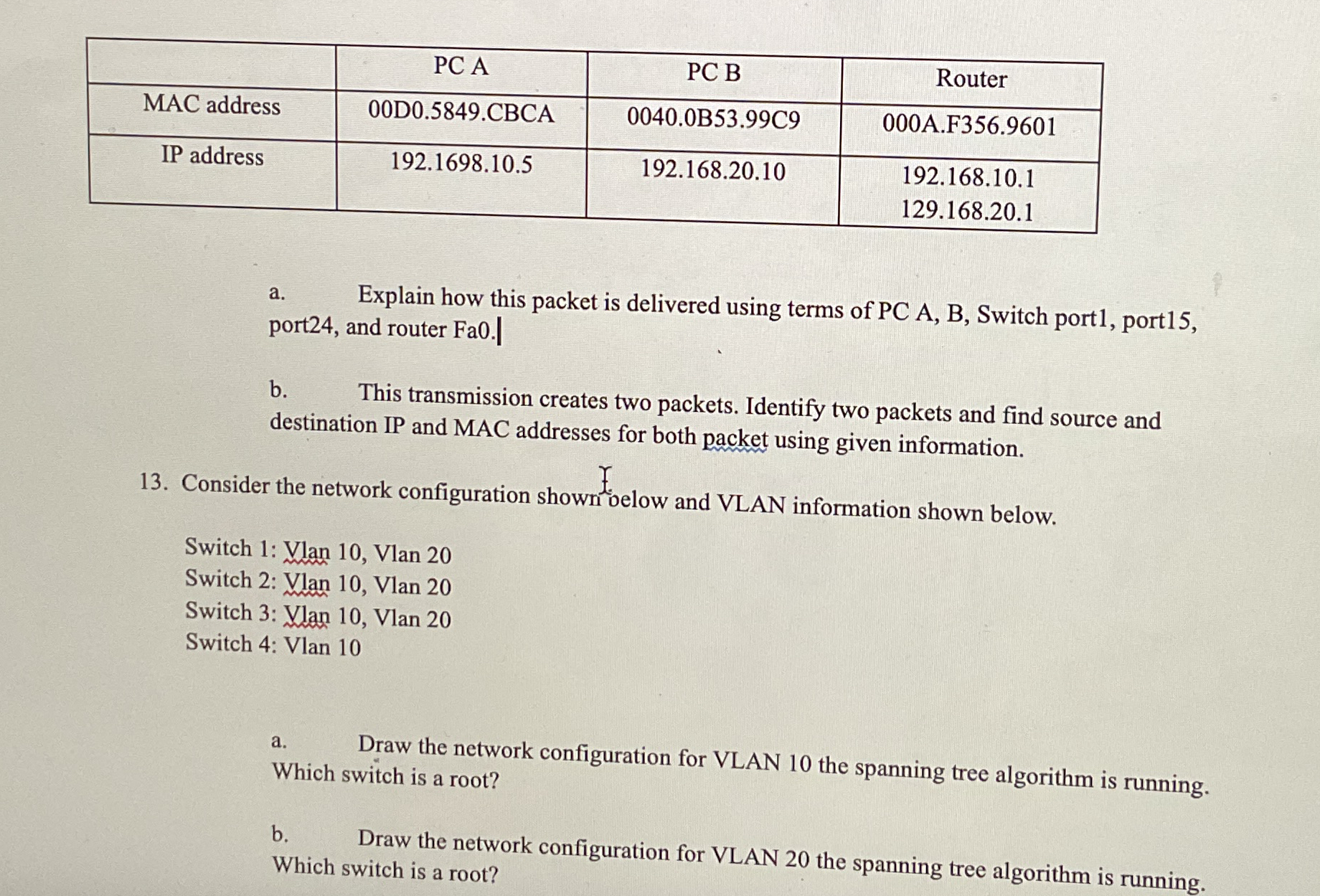 \ table [ [ , PC A , PC B , Router ] , [ MAC
