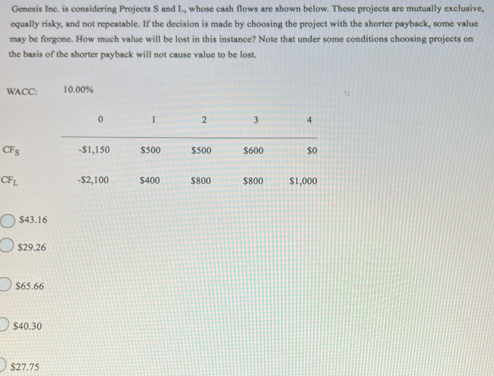 Genesis Inc. is considering Projects S and L,