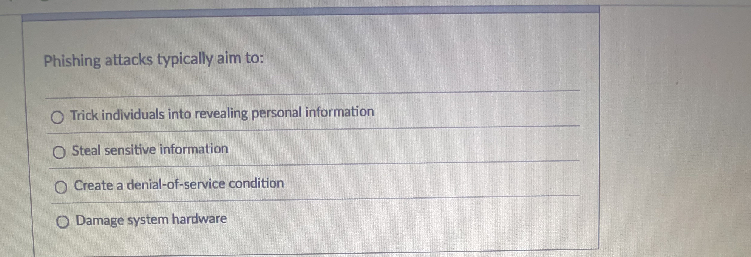 Phishing attacks typically aim to: Trick