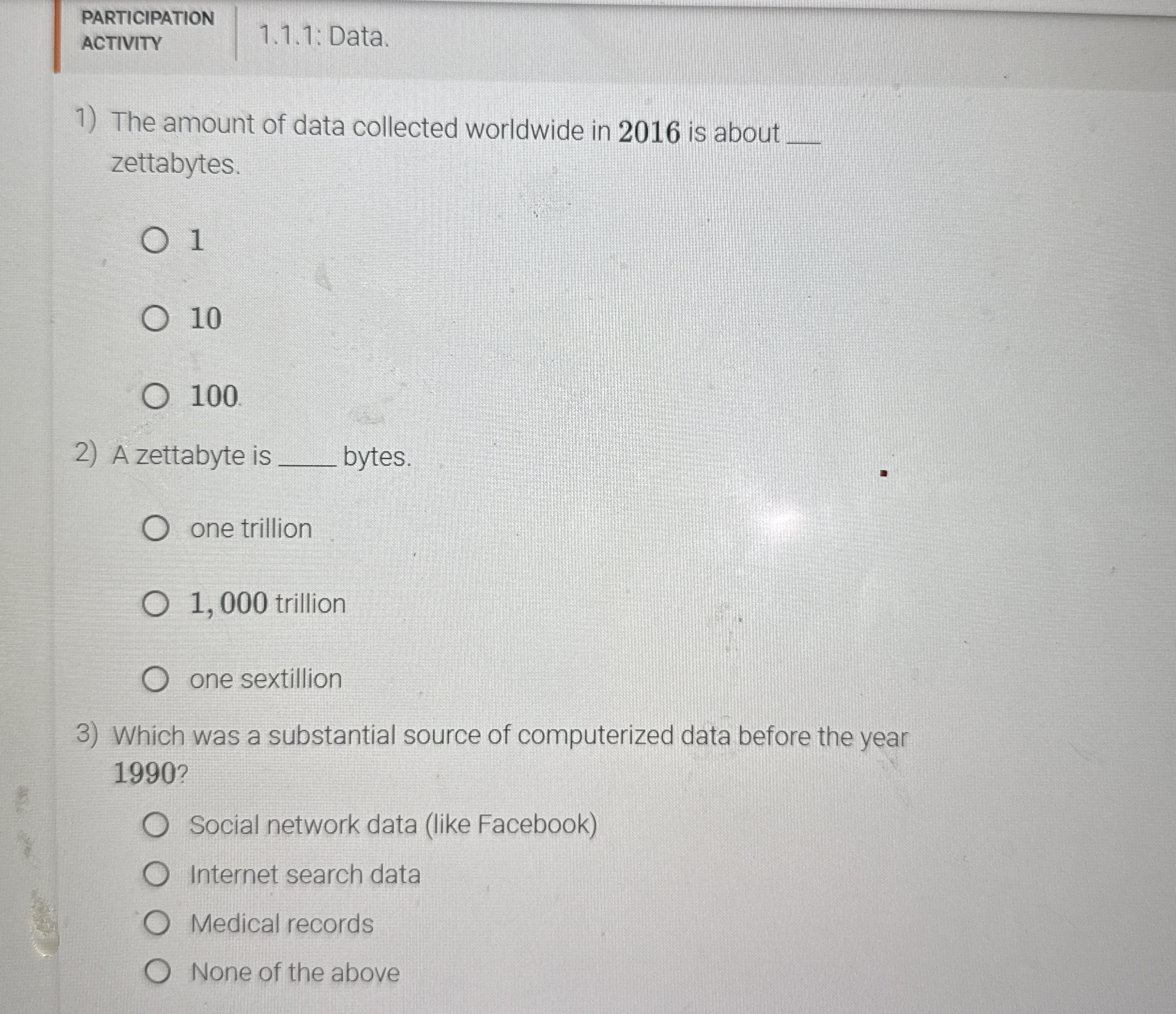 PARTICIPATION ACTIVITY 1 . 1 . 1 : Data. The