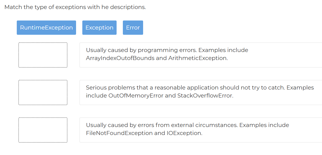 Match the type of exceptions with he