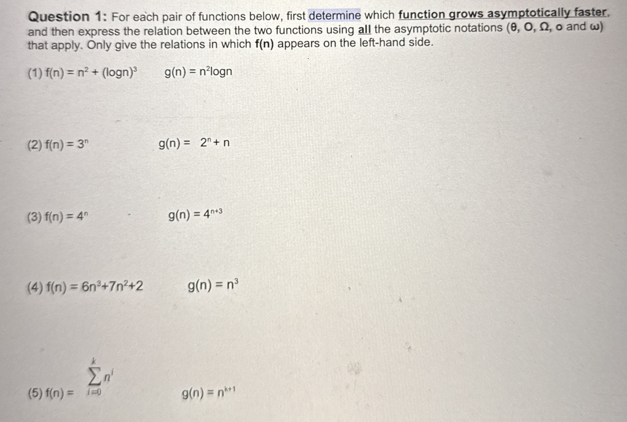 Question 1 : For each pair of functions below,