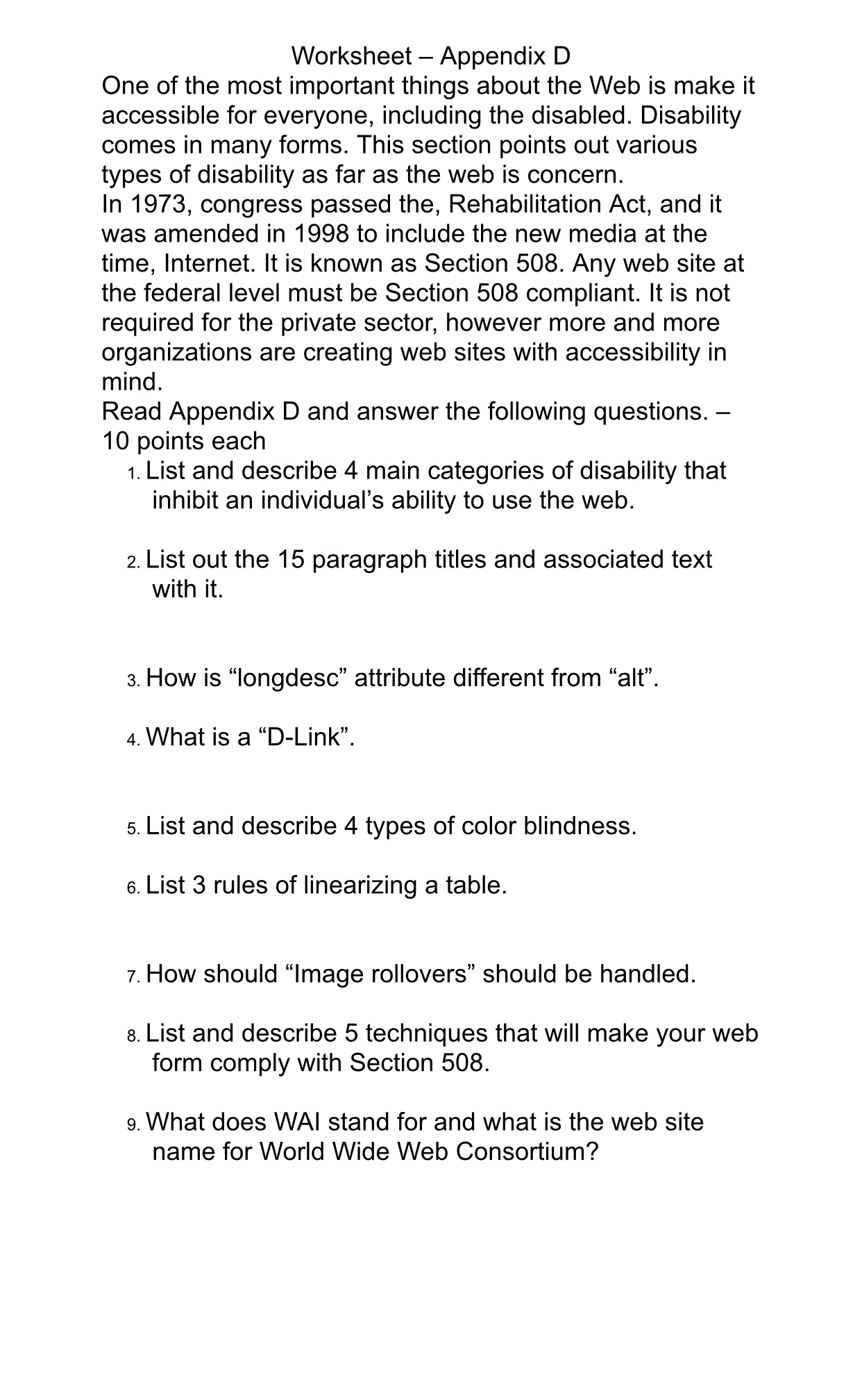 Worksheet - Appendix D One of the most important