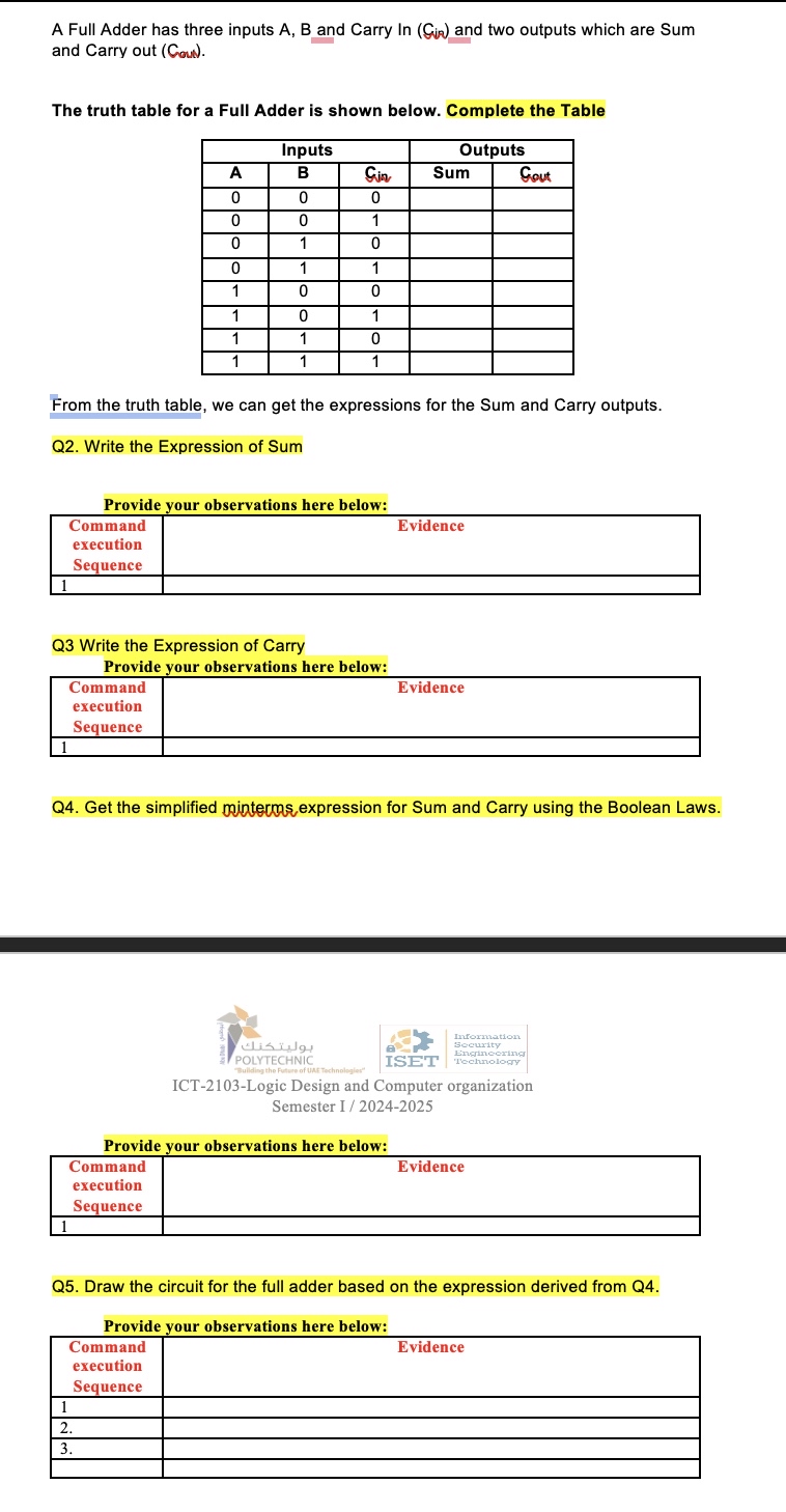 A Full Adder has three inputs A , B and Carry I n