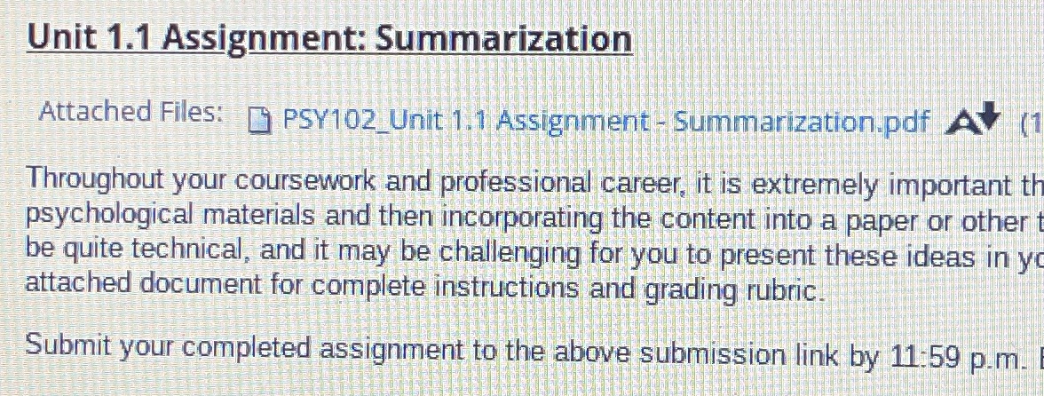 Unit 1.1 Assignment: Summarization Attached