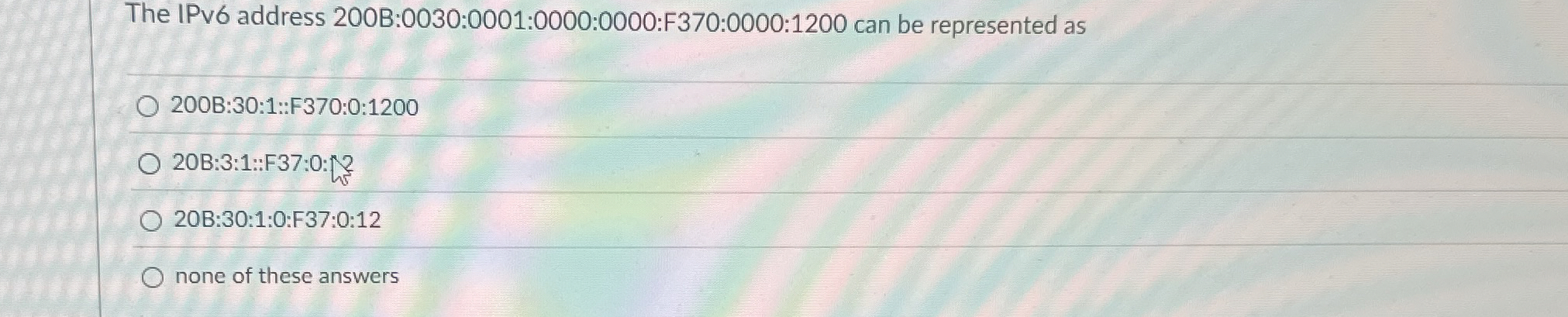 The IPv 6 address 2 0 0 B: 0 0 3 0 : 0 0 0 1 : 0