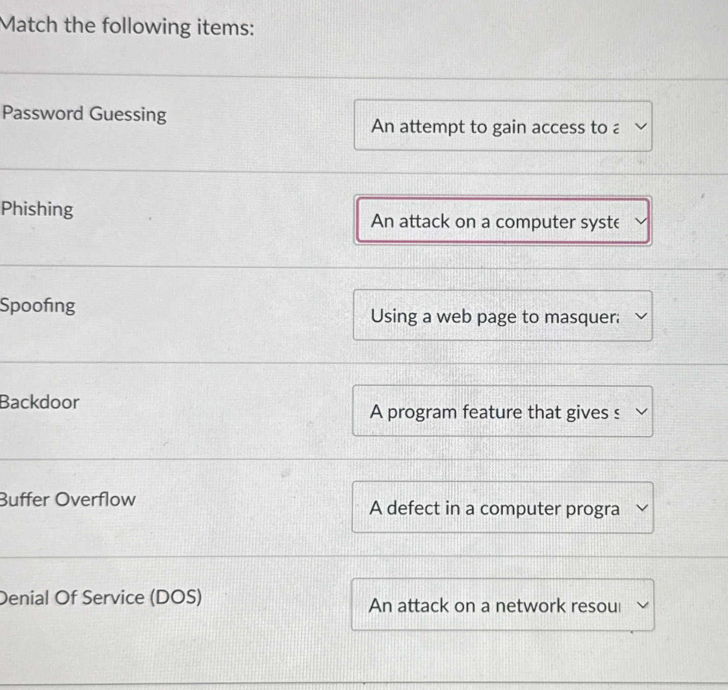 Match the following items: Password Guessing