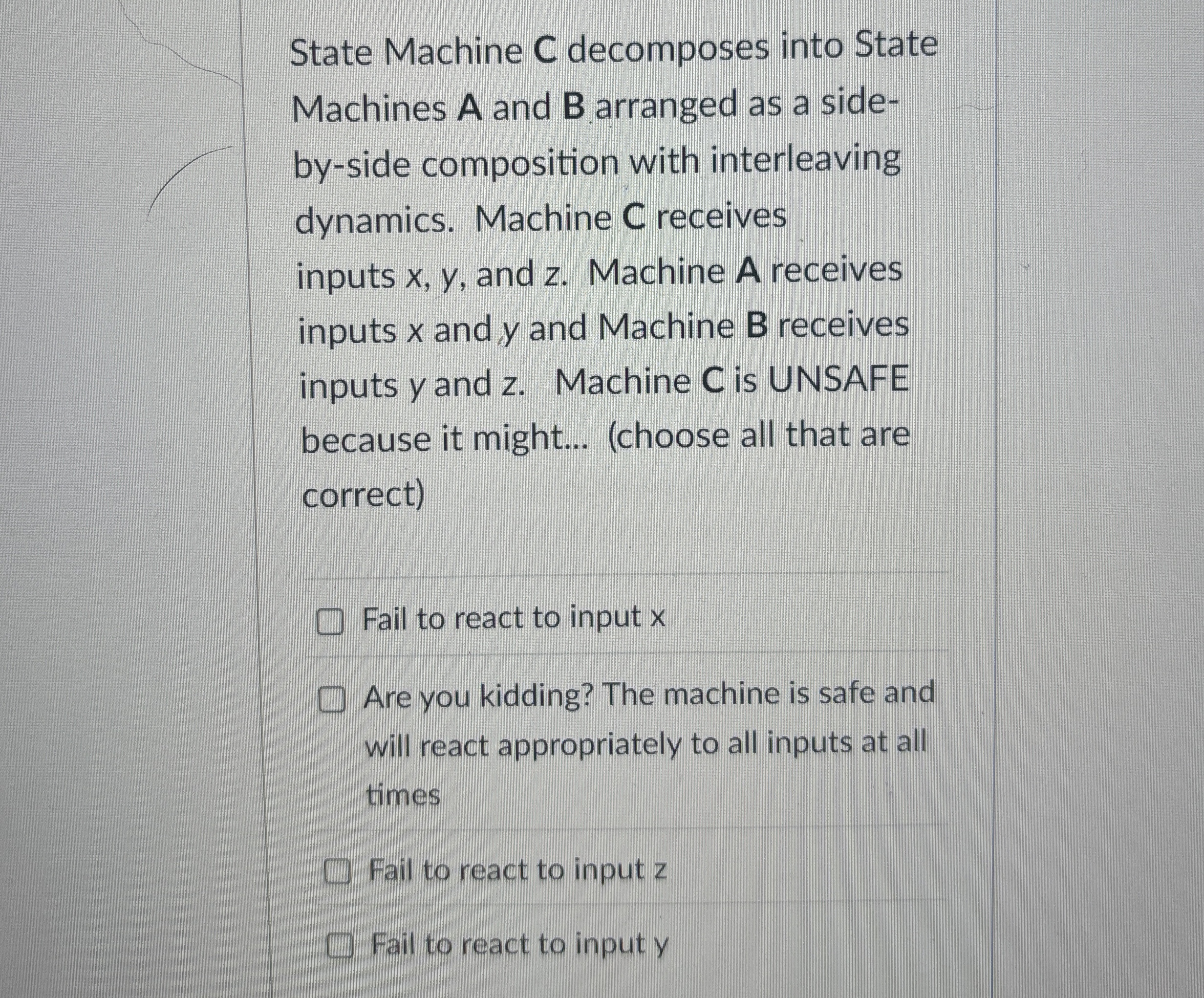 State Machine C decomposes into State Machines A