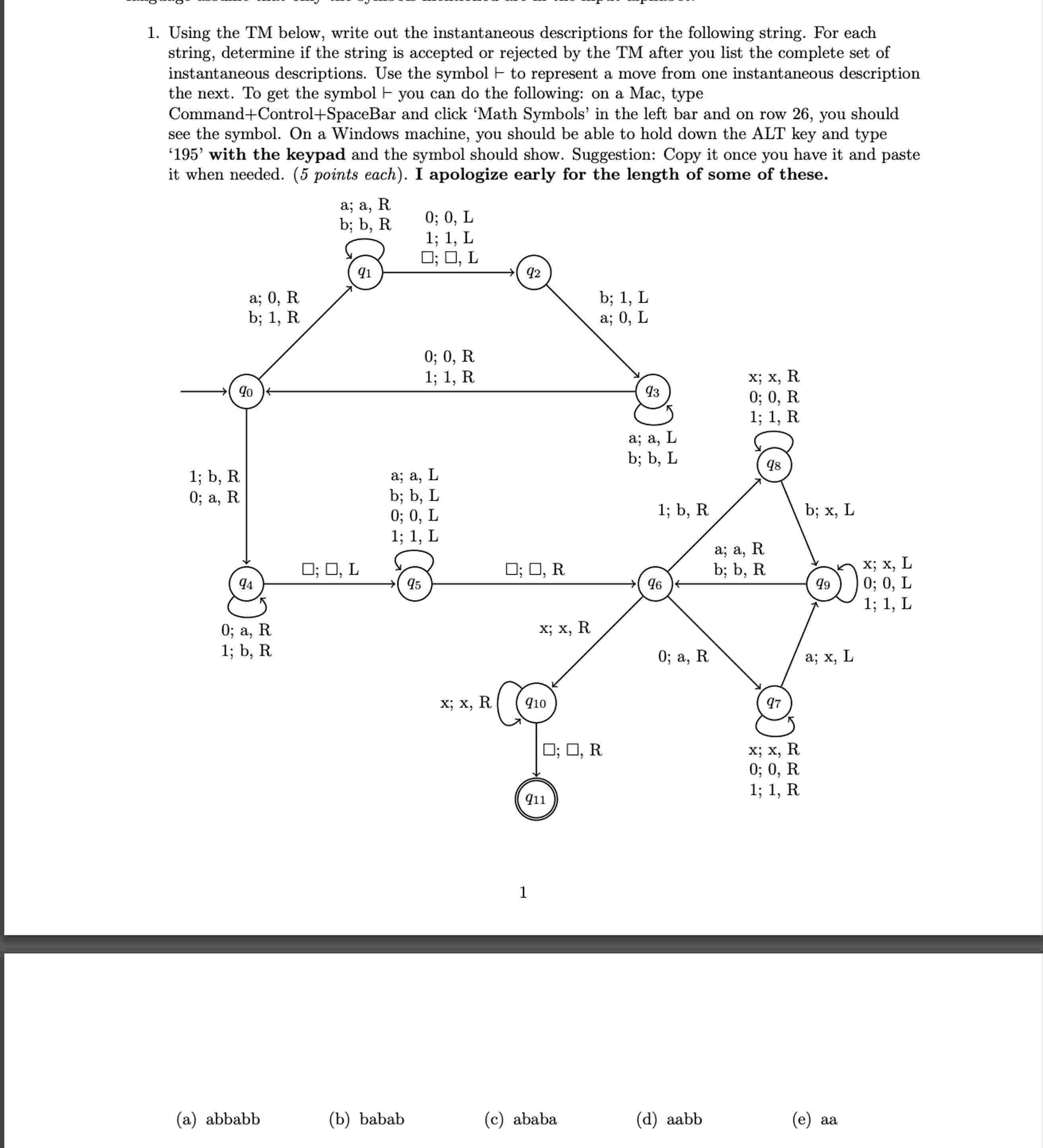 Using the TM below, write out the instantaneous