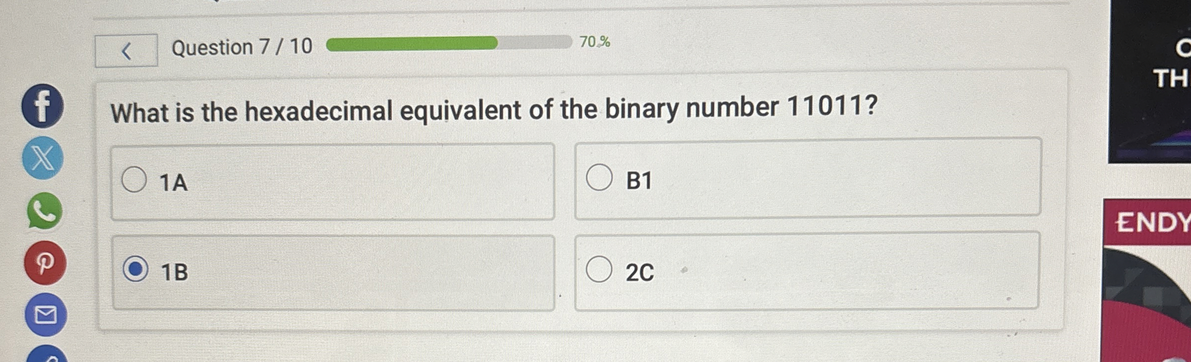 Question 7 / 1 0 7 0 % What is the hexadecimal