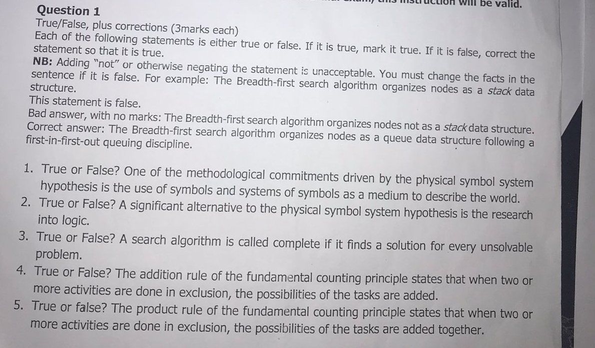 Question 1 True / False , plus corrections ( 3