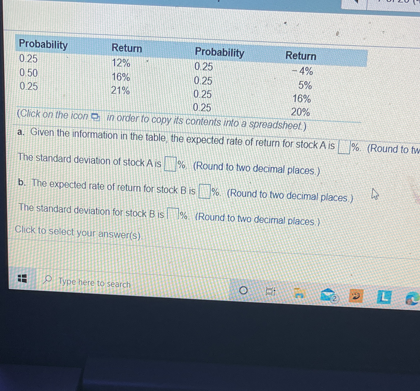 Probability Return Probability Return 0.25 12%