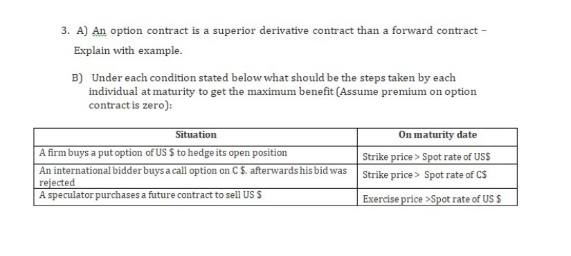3. A) An option contract is a superior derivative