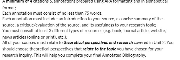 A minimum of 4 citations & annotations prepared