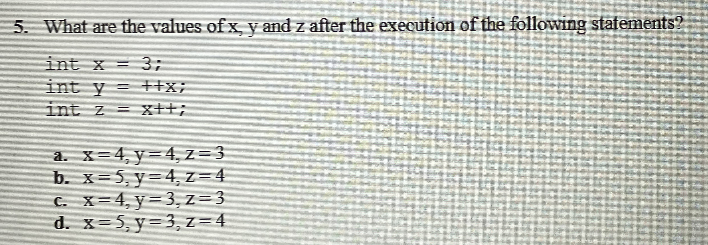 What are the values of x , y and z after the