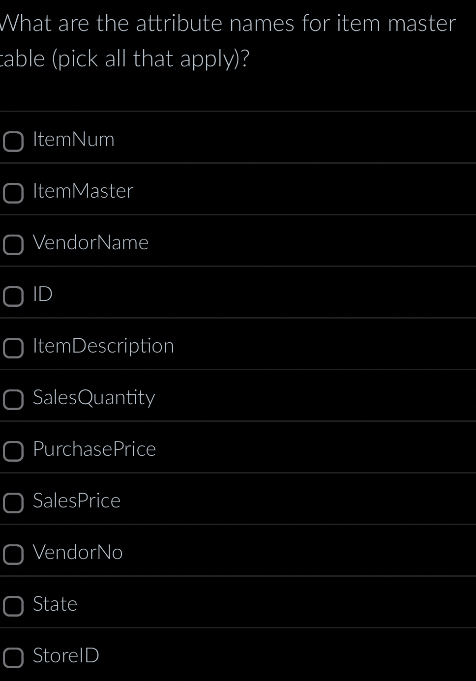 What are the attribute names for item master able