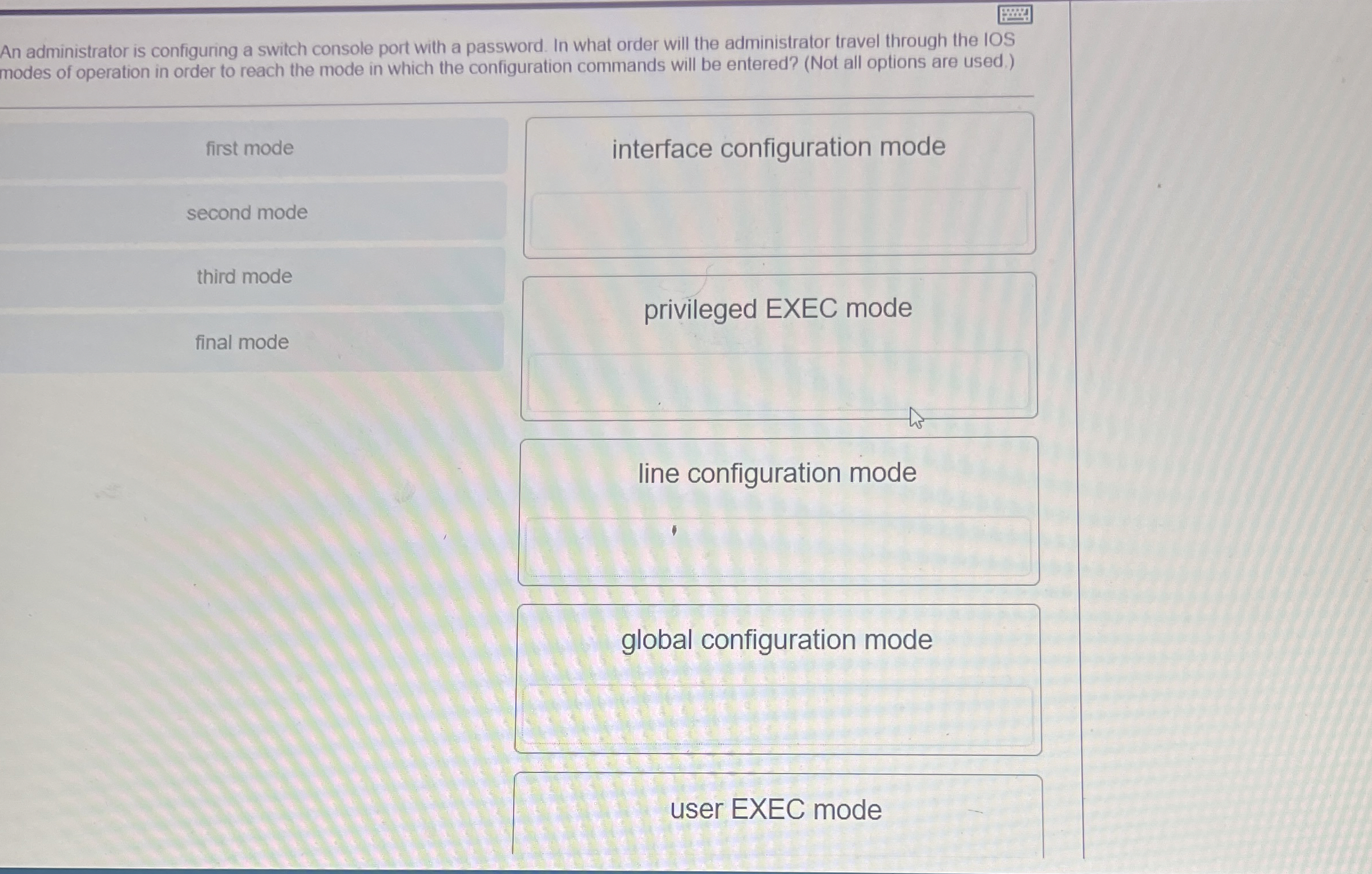 An administrator is configuring a switch console
