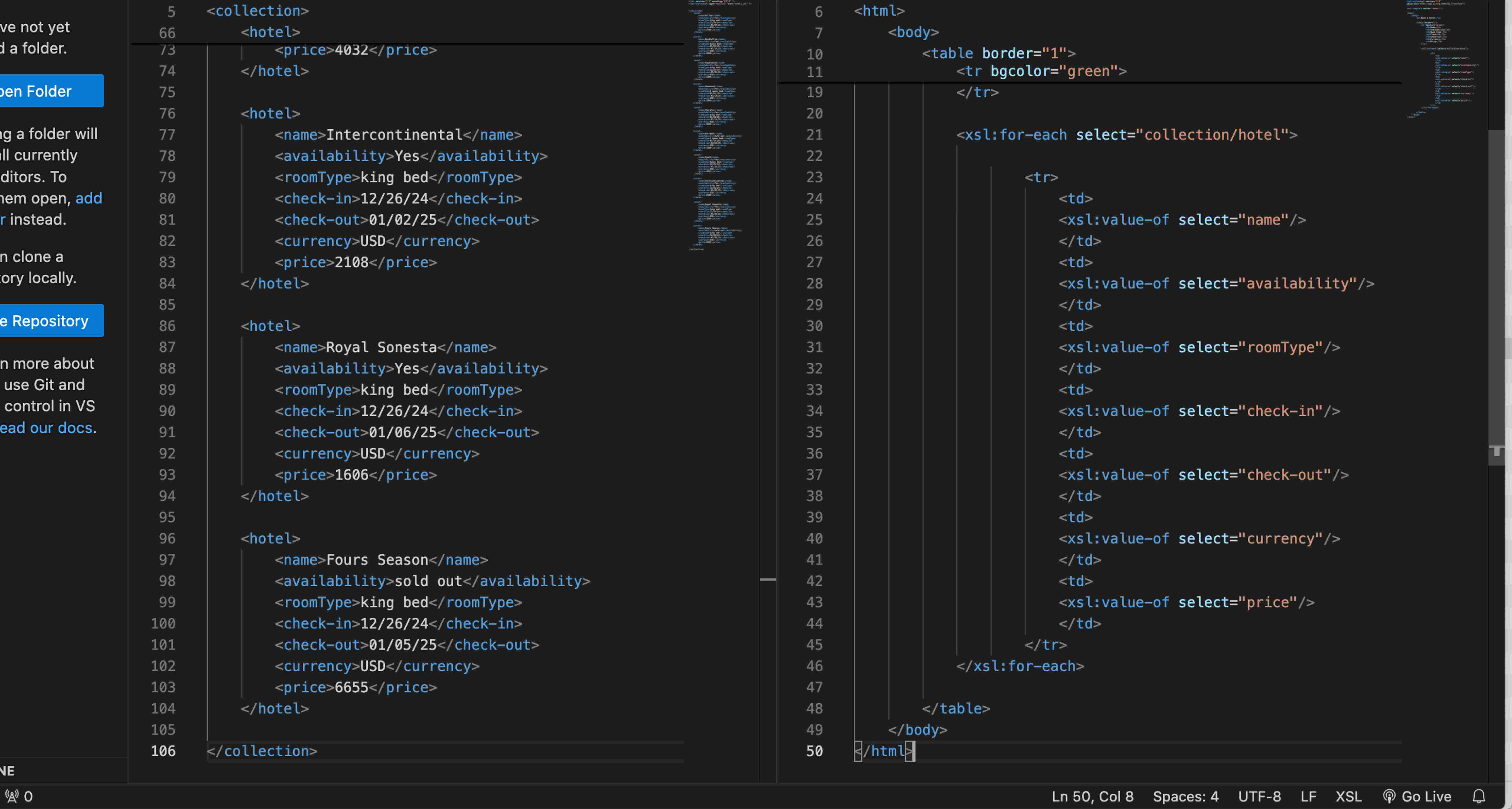 I created an xml file and the xsl file, and it