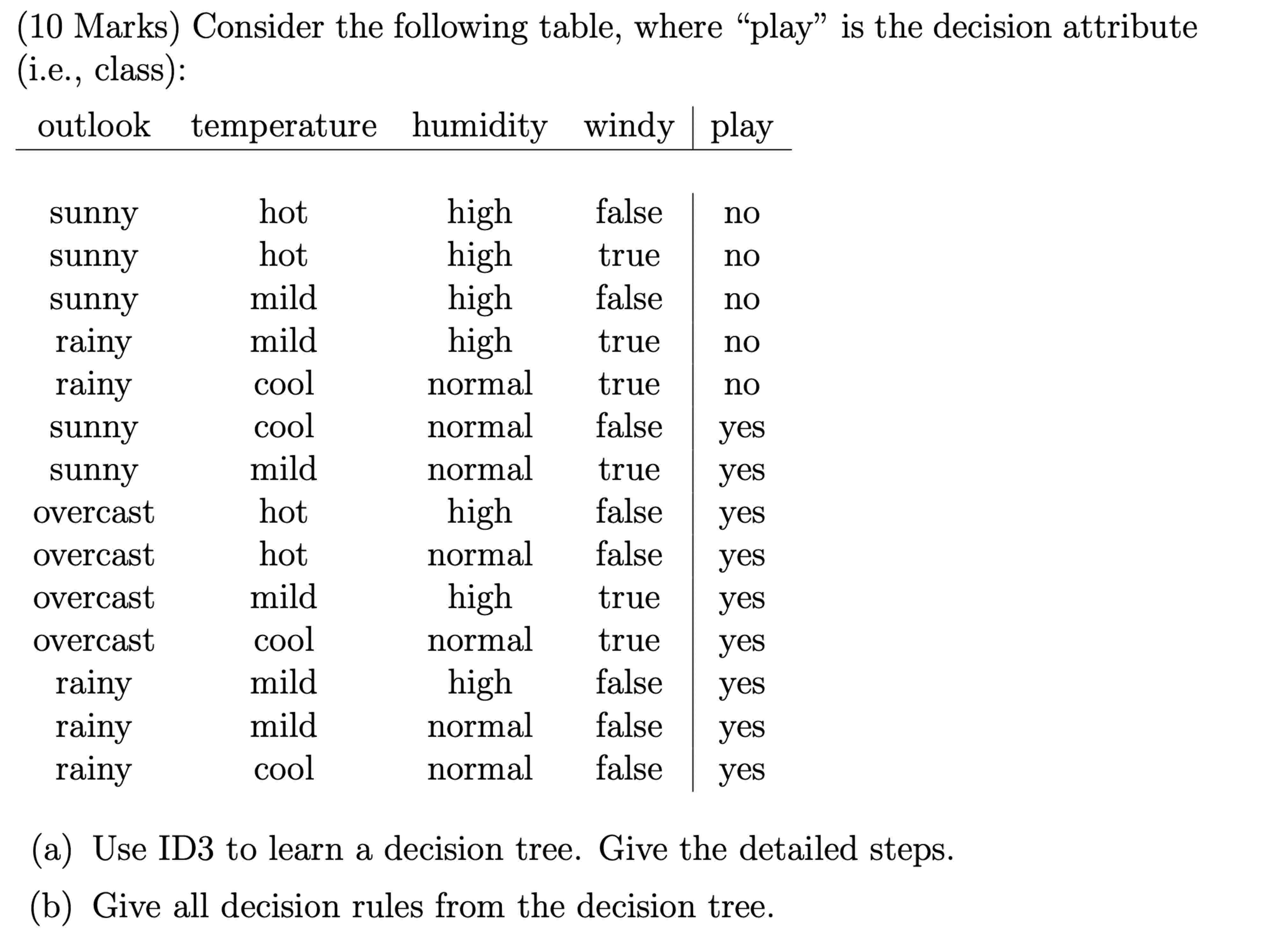 ( a ) Use ID 3 to learn a decision tree. Give the
