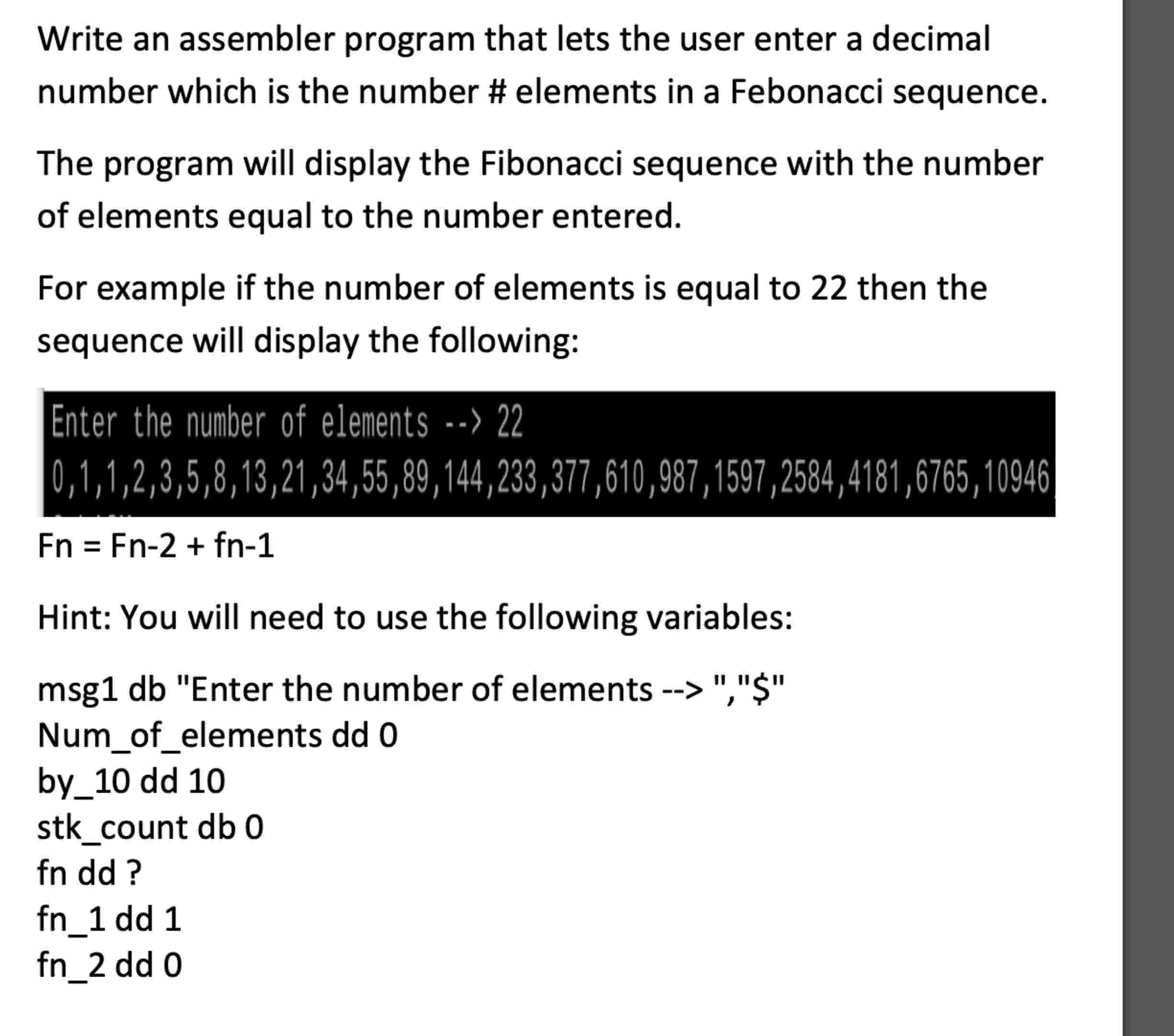Write an assembler program that lets the user