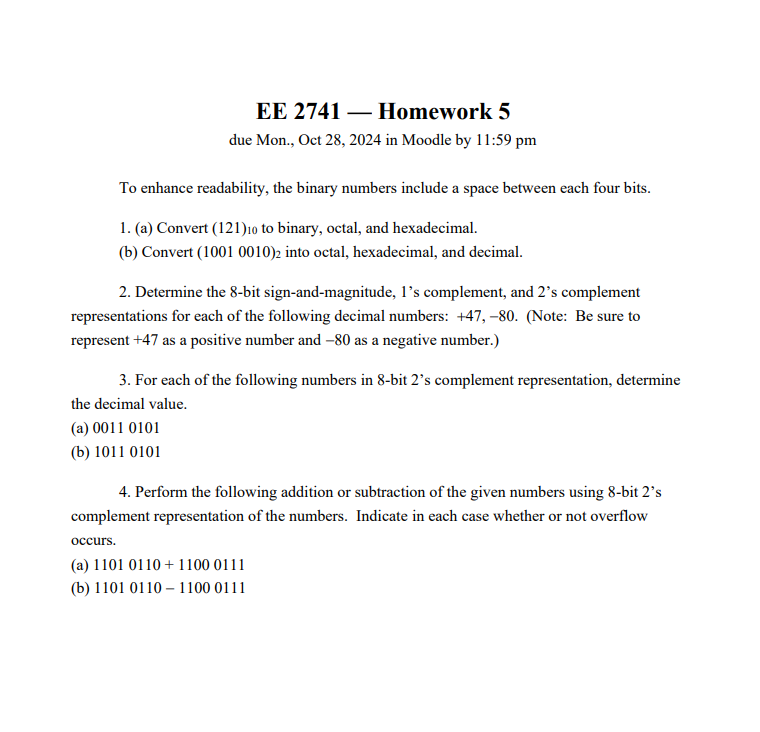 EE 2 7 4 1 - Homework 5 due Mon., Oct 2 8 , 2 0 2
