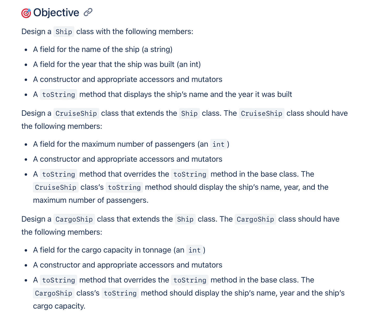 Objective: Design a class with the following