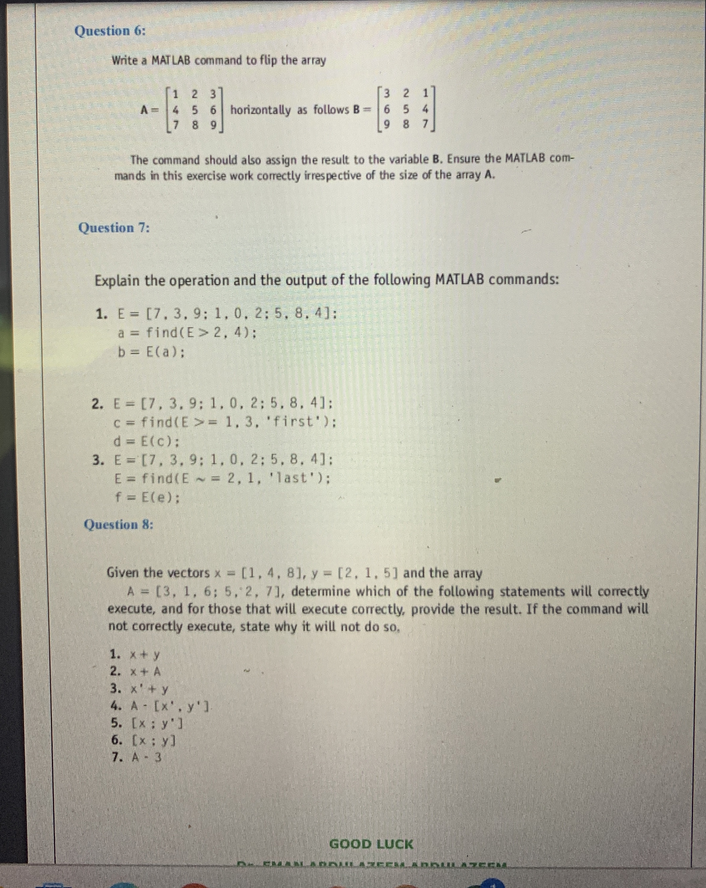 fyTgggJ Question 6 : Write a MATLAB command to