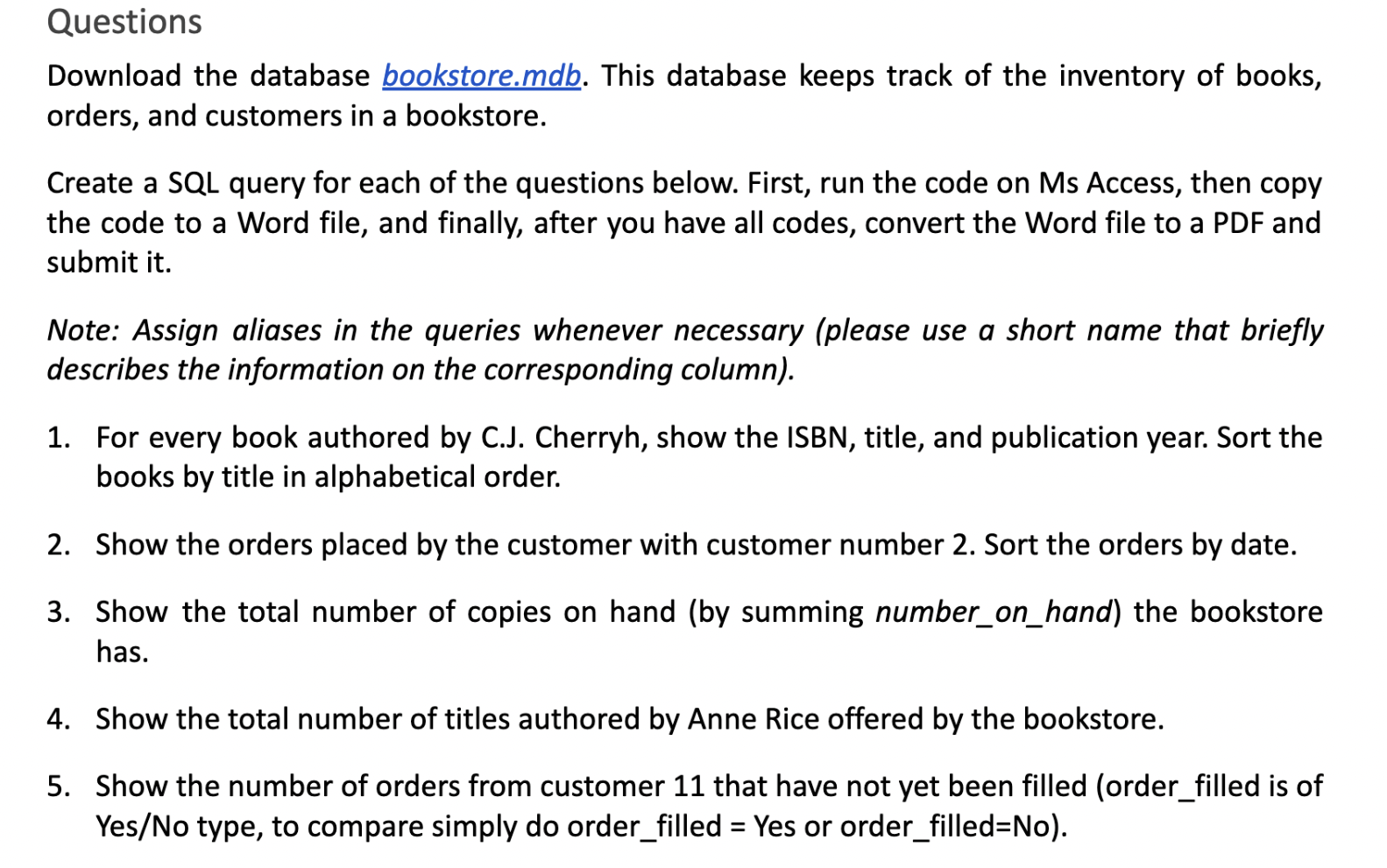 Questions Download the database bookstore.mdb .
