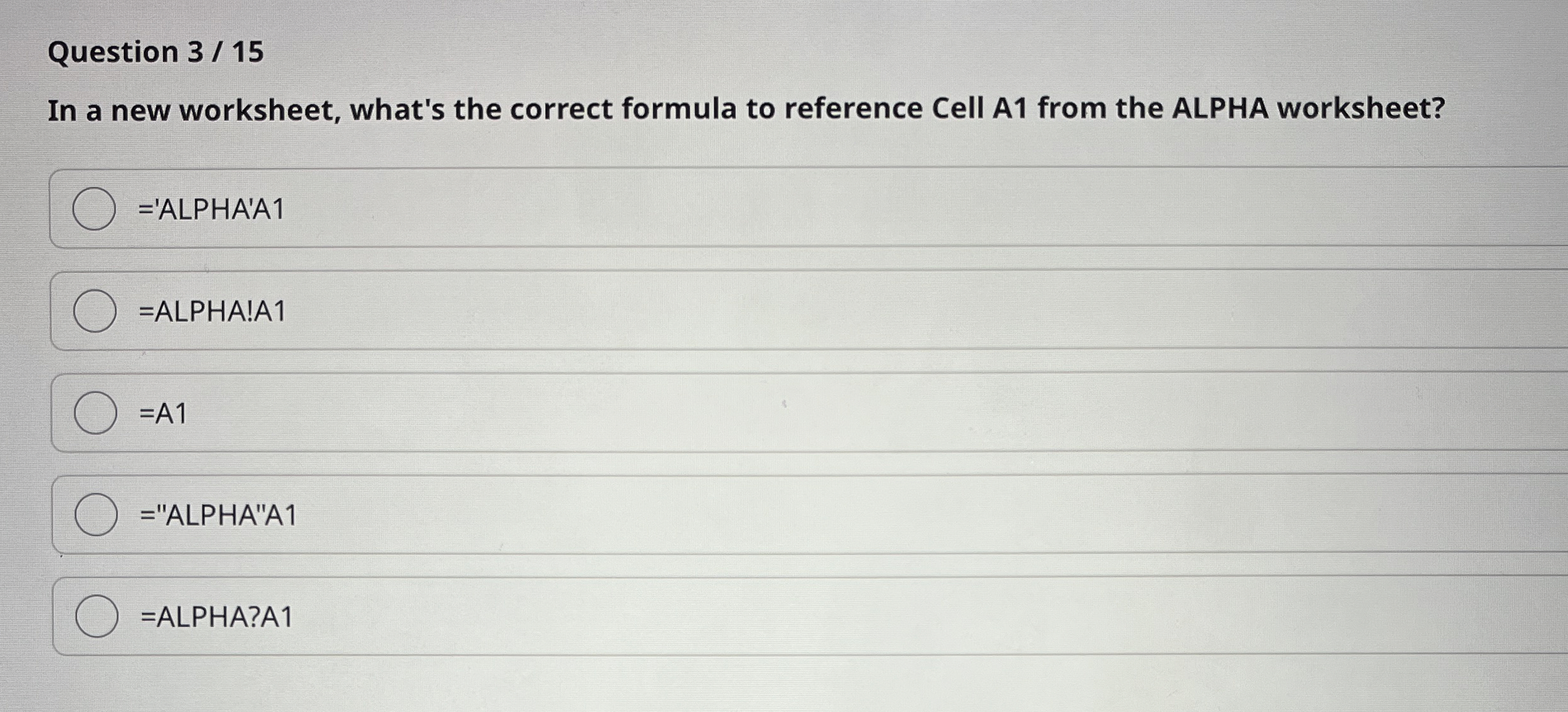 Question 3 1 5 In a new worksheet, what's the