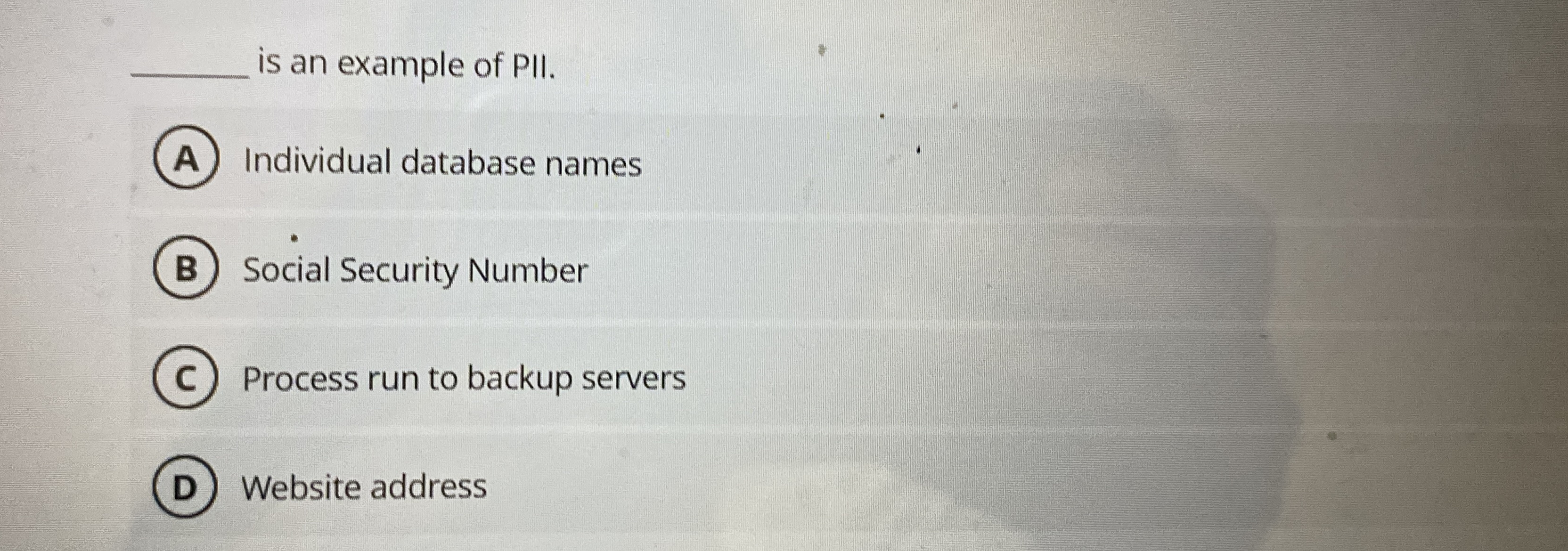 is an example of PII. Individual database names