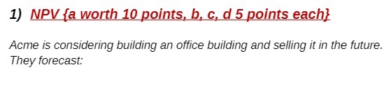 1) NPV {a worth 10 points, b, c, d 5 points each}