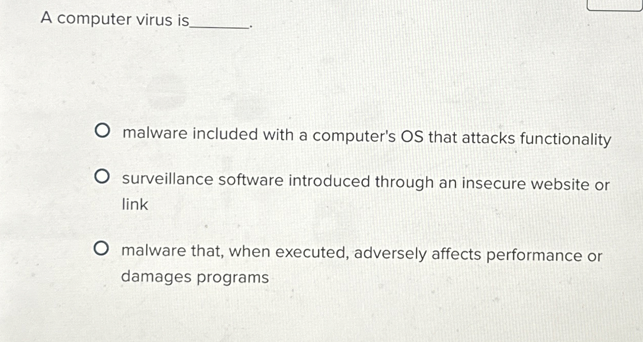 A computer virus is . malware included with a