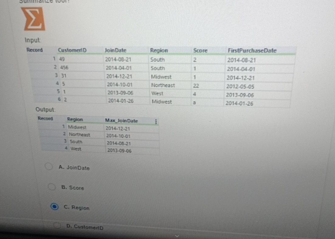Input: Output: A . JoinDate B . Score C . Region