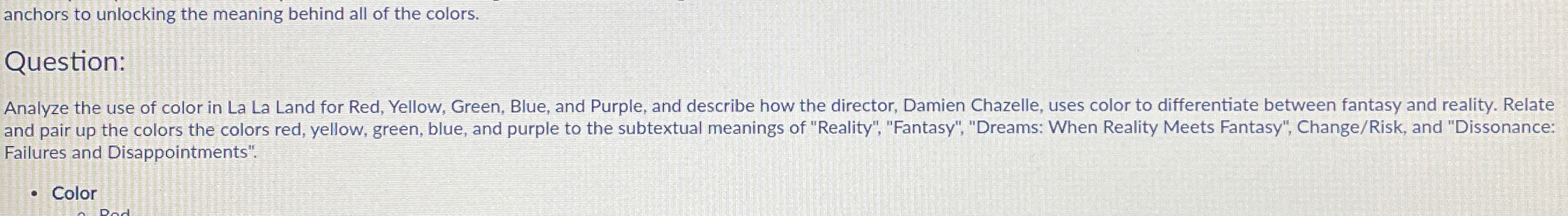 Analyze the use of color in La La Land for Red,