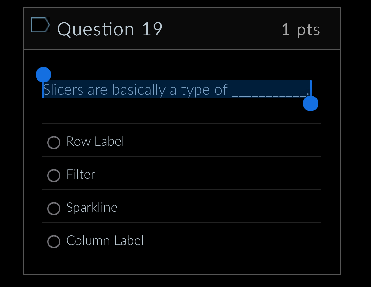 Question 1 9 Slicers are basically a type of 0